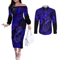 hawaii-fish-hook-couples-matching-off-the-shoulder-long-sleeve-dress-and-long-sleeve-button-shirts-polynesian-pattern-navy-blue-version