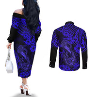 hawaii-fish-hook-couples-matching-off-the-shoulder-long-sleeve-dress-and-long-sleeve-button-shirts-polynesian-pattern-navy-blue-version