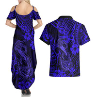 Hawaii Fish Hook Couples Matching Summer Maxi Dress and Hawaiian Shirt Polynesian Pattern Navy Blue Version - Wonder Print Shop