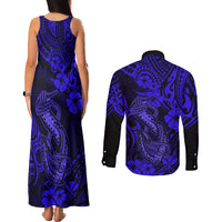 Hawaii Fish Hook Couples Matching Tank Maxi Dress and Long Sleeve Button Shirts Polynesian Pattern Navy Blue Version - Wonder Print Shop
