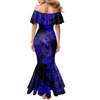 Hawaii Fish Hook Family Matching Mermaid Dress and Hawaiian Shirt Polynesian Pattern Navy Blue Version - Wonder Print Shop