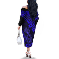 Hawaii Fish Hook Family Matching Off Shoulder Long Sleeve Dress and Hawaiian Shirt Polynesian Pattern Navy Blue Version - Wonder Print Shop