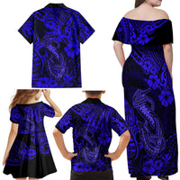 Hawaii Fish Hook Family Matching Off Shoulder Maxi Dress and Hawaiian Shirt Polynesian Pattern Navy Blue Version - Wonder Print Shop