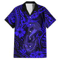 Hawaii Fish Hook Family Matching Off Shoulder Maxi Dress and Hawaiian Shirt Polynesian Pattern Navy Blue Version - Wonder Print Shop