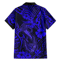 Hawaii Fish Hook Family Matching Off Shoulder Maxi Dress and Hawaiian Shirt Polynesian Pattern Navy Blue Version - Wonder Print Shop