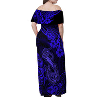 Hawaii Fish Hook Family Matching Off Shoulder Maxi Dress and Hawaiian Shirt Polynesian Pattern Navy Blue Version - Wonder Print Shop