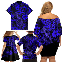 Hawaii Fish Hook Family Matching Off Shoulder Short Dress and Hawaiian Shirt Polynesian Pattern Navy Blue Version - Wonder Print Shop