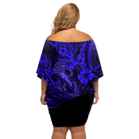 Hawaii Fish Hook Family Matching Off Shoulder Short Dress and Hawaiian Shirt Polynesian Pattern Navy Blue Version - Wonder Print Shop