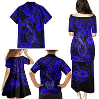 Hawaii Fish Hook Family Matching Puletasi Dress and Hawaiian Shirt Polynesian Pattern Navy Blue Version - Wonder Print Shop