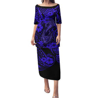 Hawaii Fish Hook Family Matching Puletasi Dress and Hawaiian Shirt Polynesian Pattern Navy Blue Version - Wonder Print Shop