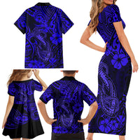 Hawaii Fish Hook Family Matching Short Sleeve Bodycon Dress and Hawaiian Shirt Polynesian Pattern Navy Blue Version - Wonder Print Shop