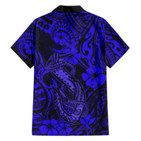 Hawaii Fish Hook Family Matching Short Sleeve Bodycon Dress and Hawaiian Shirt Polynesian Pattern Navy Blue Version - Wonder Print Shop