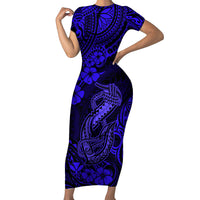 Hawaii Fish Hook Family Matching Short Sleeve Bodycon Dress and Hawaiian Shirt Polynesian Pattern Navy Blue Version - Wonder Print Shop