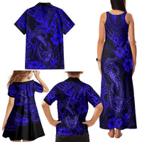 Hawaii Fish Hook Family Matching Tank Maxi Dress and Hawaiian Shirt Polynesian Pattern Navy Blue Version - Wonder Print Shop