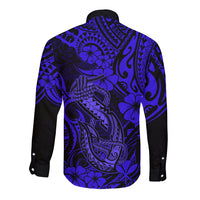Hawaii Fish Hook Long Sleeve Button Shirt Polynesian Pattern Navy Blue Version - Wonder Print Shop