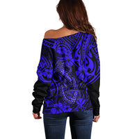 Hawaii Fish Hook Off Shoulder Sweater Polynesian Pattern Navy Blue Version - Wonder Print Shop