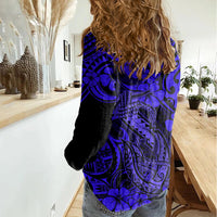 Hawaii Fish Hook Women Casual Shirt Polynesian Pattern Navy Blue Version - Wonder Print Shop