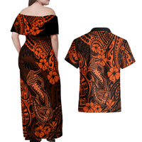 Hawaii Fish Hook Couples Matching Off Shoulder Maxi Dress and Hawaiian Shirt Polynesian Pattern Orange Version - Wonder Print Shop