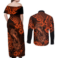 Hawaii Fish Hook Couples Matching Off Shoulder Maxi Dress and Long Sleeve Button Shirts Polynesian Pattern Orange Version - Wonder Print Shop