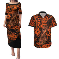 Hawaii Fish Hook Couples Matching Puletasi Dress and Hawaiian Shirt Polynesian Pattern Orange Version - Wonder Print Shop