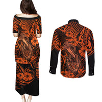 Hawaii Fish Hook Couples Matching Puletasi Dress and Long Sleeve Button Shirts Polynesian Pattern Orange Version - Wonder Print Shop