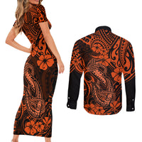 Hawaii Fish Hook Couples Matching Short Sleeve Bodycon Dress and Long Sleeve Button Shirts Polynesian Pattern Orange Version - Wonder Print Shop