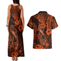 Hawaii Fish Hook Couples Matching Tank Maxi Dress and Hawaiian Shirt Polynesian Pattern Orange Version - Wonder Print Shop