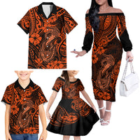 Hawaii Fish Hook Family Matching Off Shoulder Long Sleeve Dress and Hawaiian Shirt Polynesian Pattern Orange Version - Wonder Print Shop