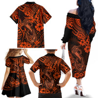 Hawaii Fish Hook Family Matching Off Shoulder Long Sleeve Dress and Hawaiian Shirt Polynesian Pattern Orange Version - Wonder Print Shop