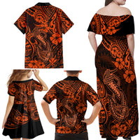 Hawaii Fish Hook Family Matching Off Shoulder Maxi Dress and Hawaiian Shirt Polynesian Pattern Orange Version - Wonder Print Shop