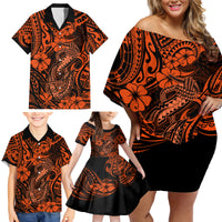 Hawaii Fish Hook Family Matching Off Shoulder Short Dress and Hawaiian Shirt Polynesian Pattern Orange Version - Wonder Print Shop