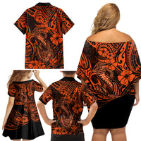 Hawaii Fish Hook Family Matching Off Shoulder Short Dress and Hawaiian Shirt Polynesian Pattern Orange Version - Wonder Print Shop