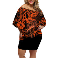 Hawaii Fish Hook Family Matching Off Shoulder Short Dress and Hawaiian Shirt Polynesian Pattern Orange Version - Wonder Print Shop