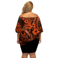 Hawaii Fish Hook Family Matching Off Shoulder Short Dress and Hawaiian Shirt Polynesian Pattern Orange Version - Wonder Print Shop