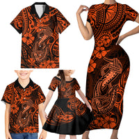 Hawaii Fish Hook Family Matching Short Sleeve Bodycon Dress and Hawaiian Shirt Polynesian Pattern Orange Version - Wonder Print Shop