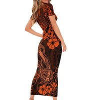 Hawaii Fish Hook Family Matching Short Sleeve Bodycon Dress and Hawaiian Shirt Polynesian Pattern Orange Version - Wonder Print Shop