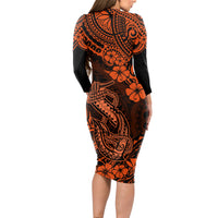 Hawaii Fish Hook Long Sleeve Bodycon Dress Polynesian Pattern Orange Version - Wonder Print Shop