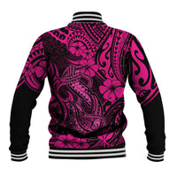 Hawaii Fish Hook Baseball Jacket Hibiscus Hawaii Tribal Tattoo Pink Version - Wonder Print Shop