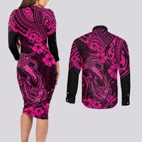 Hawaii Fish Hook Couples Matching Long Sleeve Bodycon Dress and Long Sleeve Button Shirts Hibiscus Hawaii Tribal Tattoo Pink Version - Wonder Print Shop