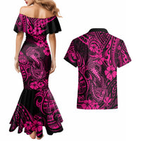 Hawaii Fish Hook Couples Matching Mermaid Dress and Hawaiian Shirt Hibiscus Hawaii Tribal Tattoo Pink Version - Wonder Print Shop