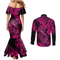 hawaii-fish-hook-couples-matching-mermaid-dress-and-long-sleeve-button-shirts-hibiscus-hawaii-tribal-tattoo-pink-version