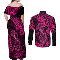 Hawaii Fish Hook Couples Matching Off Shoulder Maxi Dress and Long Sleeve Button Shirts Hibiscus Hawaii Tribal Tattoo Pink Version - Wonder Print Shop
