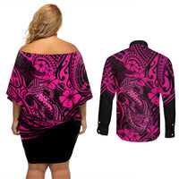 Hawaii Fish Hook Couples Matching Off Shoulder Short Dress and Long Sleeve Button Shirts Hibiscus Hawaii Tribal Tattoo Pink Version - Wonder Print Shop