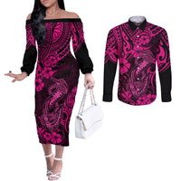hawaii-fish-hook-couples-matching-off-the-shoulder-long-sleeve-dress-and-long-sleeve-button-shirts-hibiscus-hawaii-tribal-tattoo-pink-version
