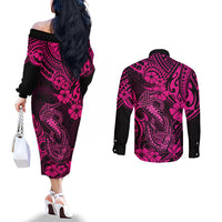 hawaii-fish-hook-couples-matching-off-the-shoulder-long-sleeve-dress-and-long-sleeve-button-shirts-hibiscus-hawaii-tribal-tattoo-pink-version
