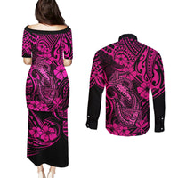 Hawaii Fish Hook Couples Matching Puletasi Dress and Long Sleeve Button Shirts Hibiscus Hawaii Tribal Tattoo Pink Version - Wonder Print Shop