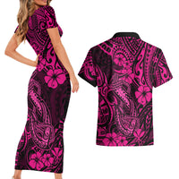 Hawaii Fish Hook Couples Matching Short Sleeve Bodycon Dress and Hawaiian Shirt Hibiscus Hawaii Tribal Tattoo Pink Version - Wonder Print Shop