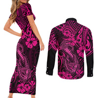 Hawaii Fish Hook Couples Matching Short Sleeve Bodycon Dress and Long Sleeve Button Shirts Hibiscus Hawaii Tribal Tattoo Pink Version - Wonder Print Shop