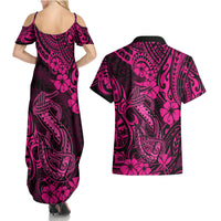 Hawaii Fish Hook Couples Matching Summer Maxi Dress and Hawaiian Shirt Hibiscus Hawaii Tribal Tattoo Pink Version - Wonder Print Shop