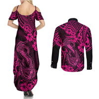 Hawaii Fish Hook Couples Matching Summer Maxi Dress and Long Sleeve Button Shirts Hibiscus Hawaii Tribal Tattoo Pink Version - Wonder Print Shop